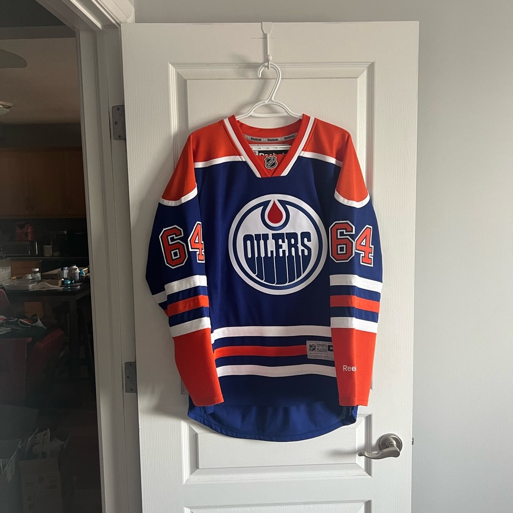 Vintage Reebok Premier Replica Blue and Orange Oilers Jersey Sz M